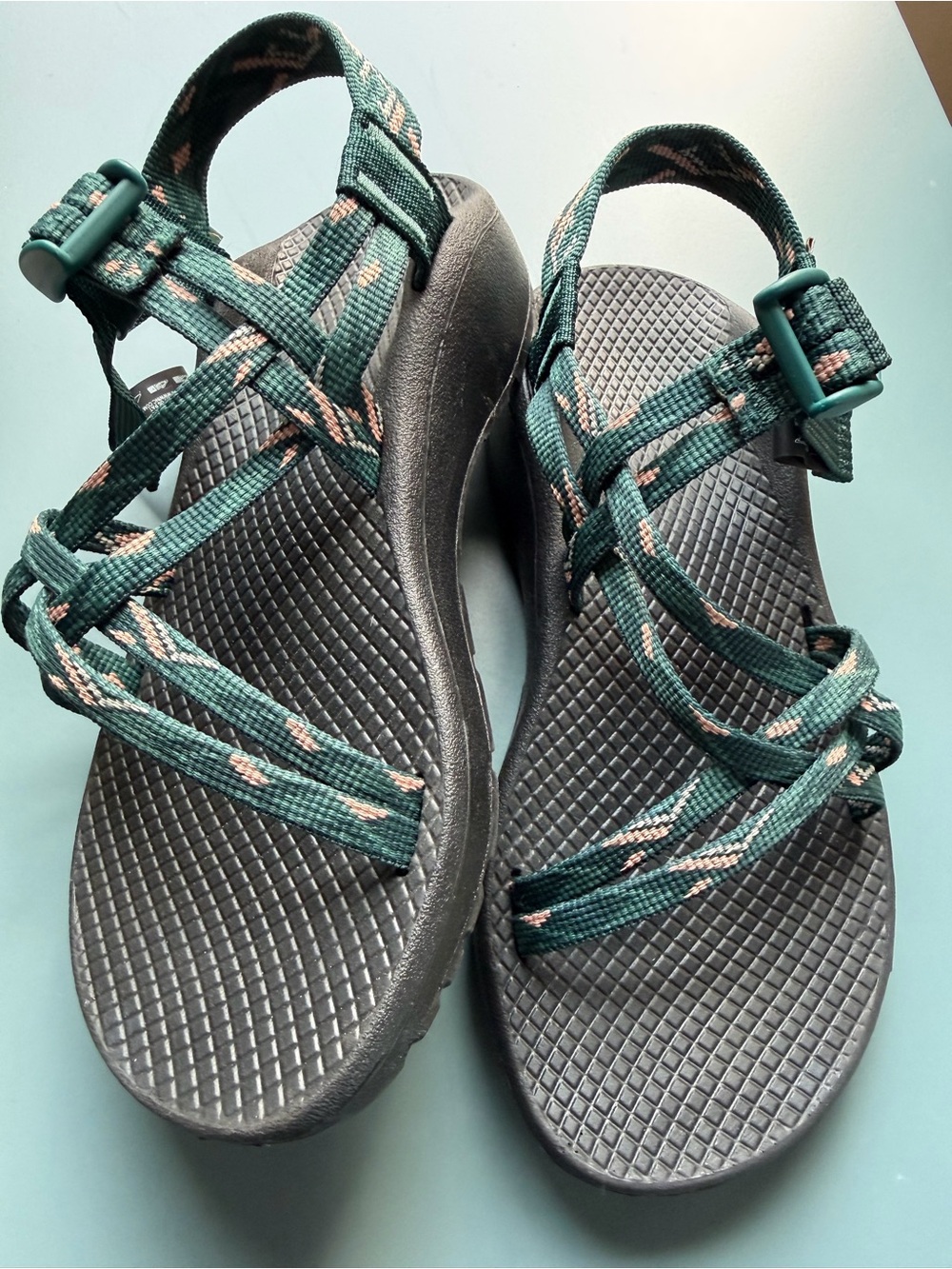 Chaco green sport sandals with pink accents